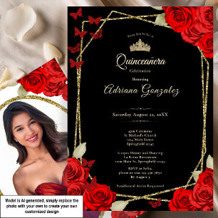 Invitation Élégante Quinceanera Roses Noires, Or et Rouges 