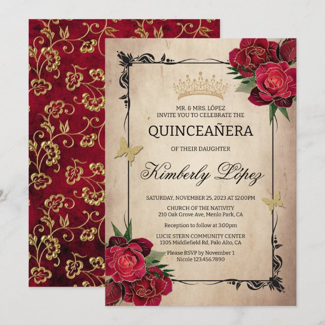 Invitation Elégante Quinceanera Rouge Rose Gold Foil Invitati (Devant / Derrière)