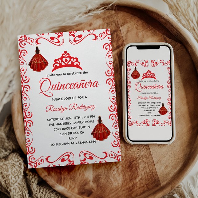 Invitation Élégante Quinceañera Royale Rouge (Créateur téléchargé)