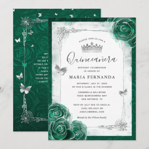 Invitation Élégante Quinceanera verte Rose en argent