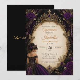 Invitation Élégante Quinceañera Violet Noir Or