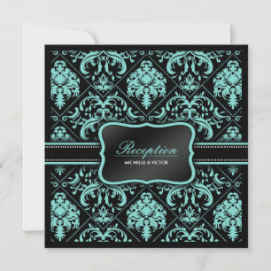 Invitation Elégante réception Aqua Bleu et Noir Damas uniquem