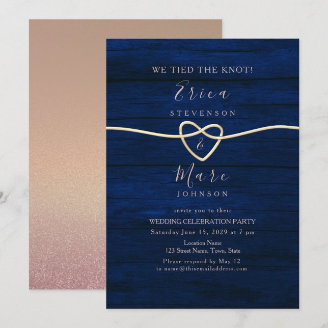 Invitation Elégante réception de mariage bleu or et marine (Devant / Derrière)