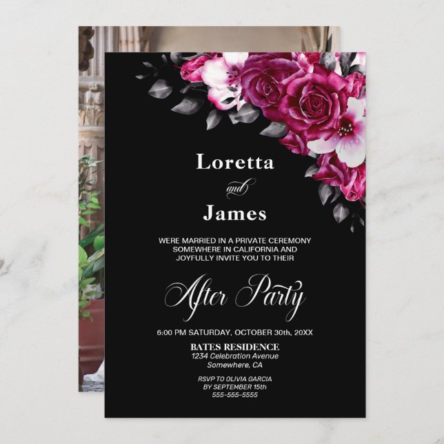 Invitation Elégante Réception de mariage rose floral noir (Devant / Derrière)