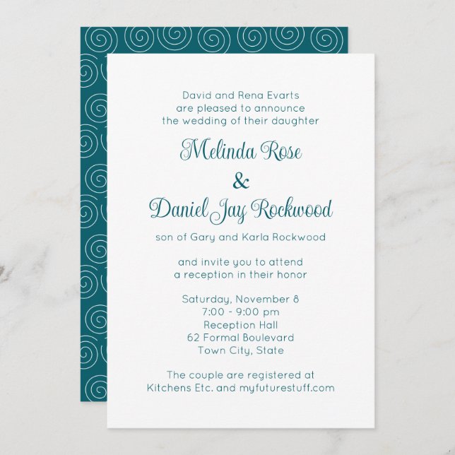 Invitation Elégante Réception de mariage Turquoise & blanc (Devant / Derrière)