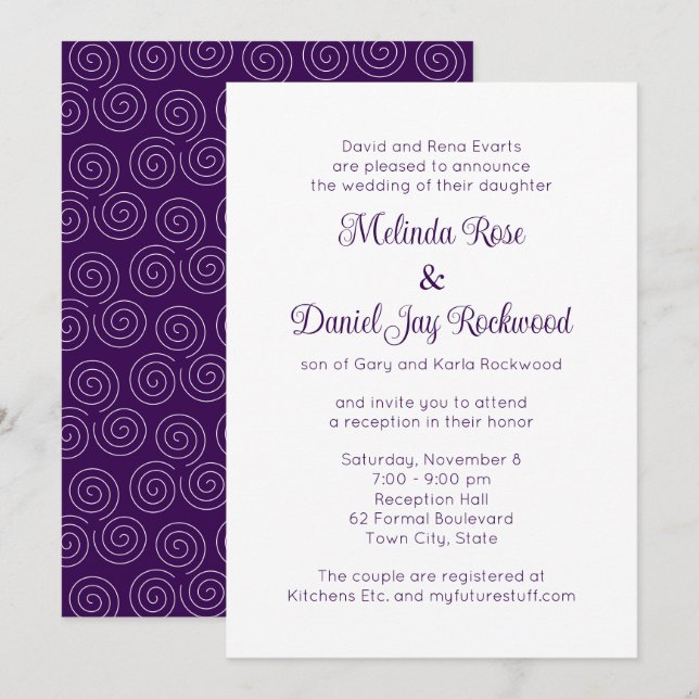 Invitation Elégante Réception de mariage violet et blanc (Devant / Derrière)