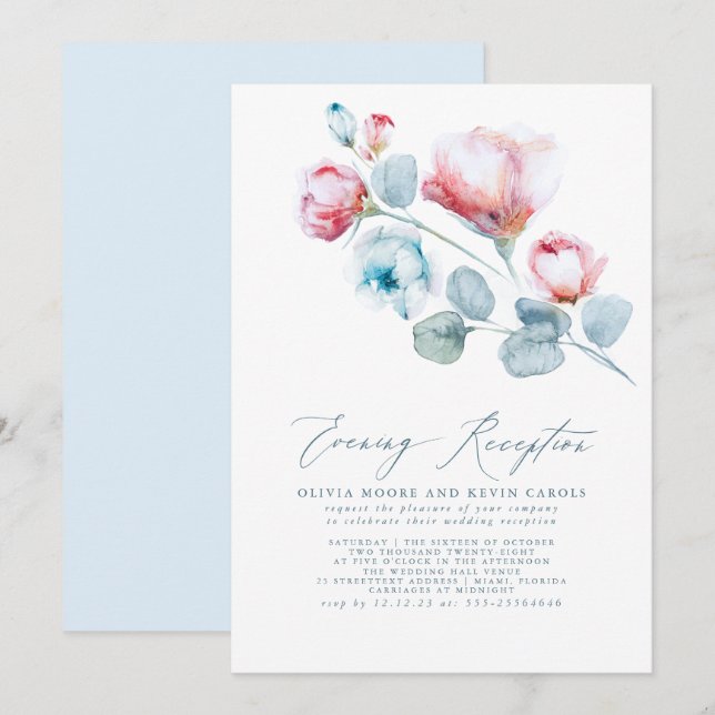 Invitation Elégante Réception De Soirée Florale Bleu Rose Dus (Devant / Derrière)