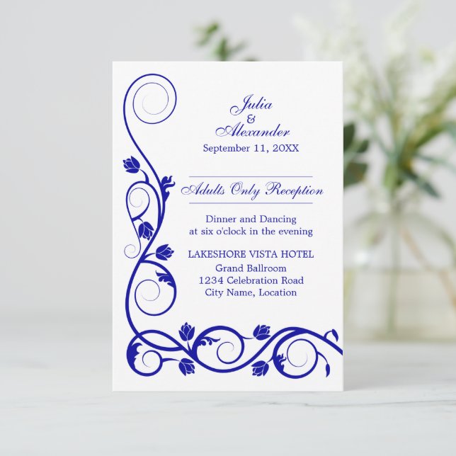 Invitation Elégante Réception Royal Blue Swirls (Debout devant)