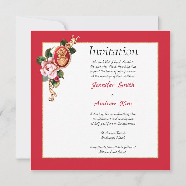 Invitation élégante Red and Gold Cameo (Dos)