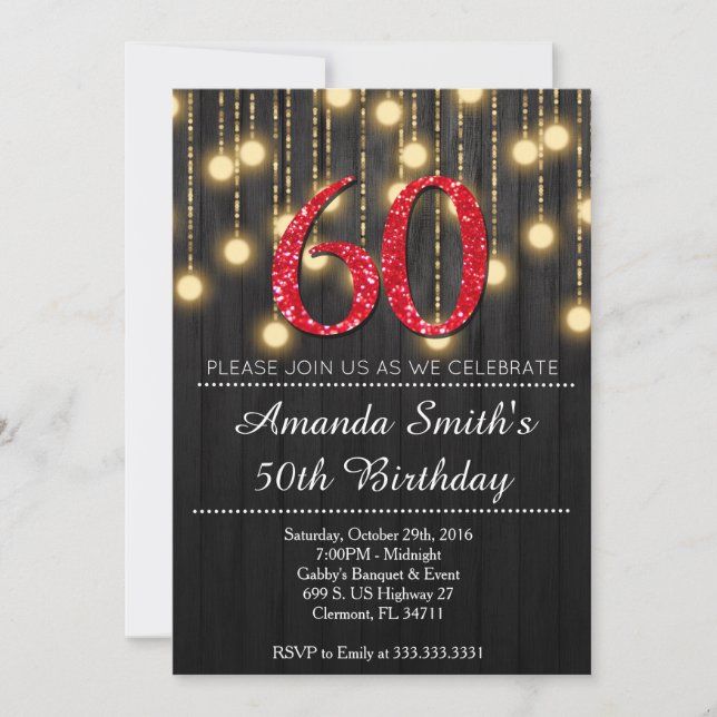 Invitation Elégante Red and Gold Womans 60e anniversaire fête (Devant)