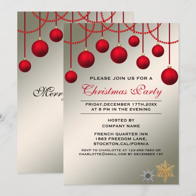 Invitation Élégante Red Bauble Corporate Christmas Party (Devant / Derrière)