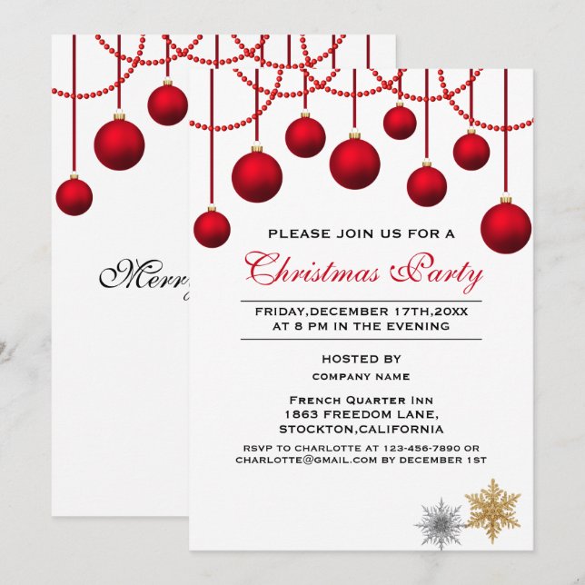 Invitation Élégante Red Bauble Corporate Christmas Party (Devant / Derrière)
