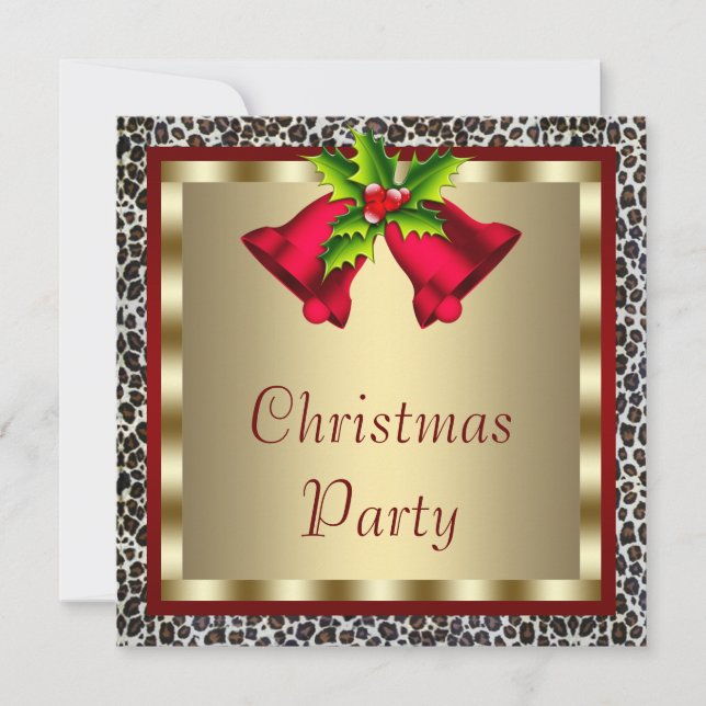 Invitation Élégante Red Bells Red Leopard Noël fête (Devant)