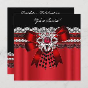 Invitation Élégante Red Black Diamond Silver Lace Party 2