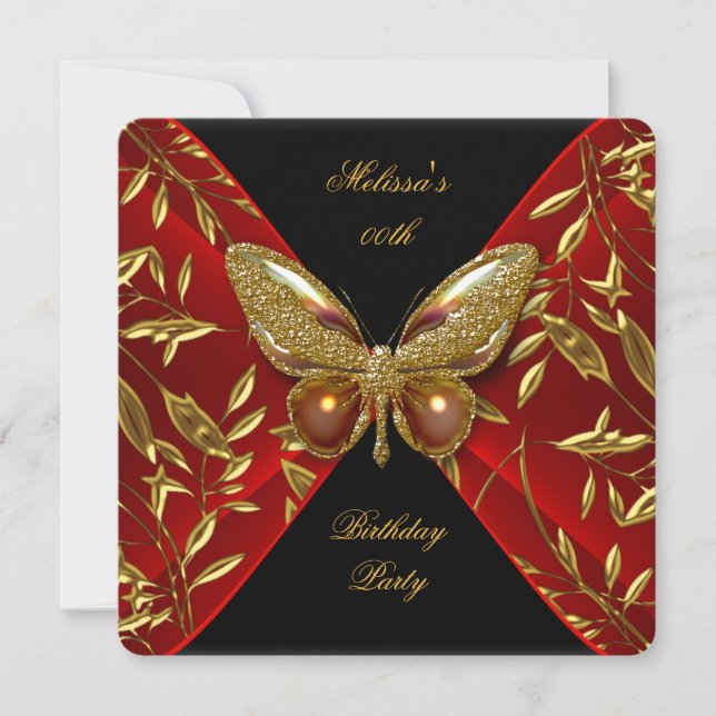 Invitation Elégante Red Black Gold Butterfly Anniversaire (Devant)