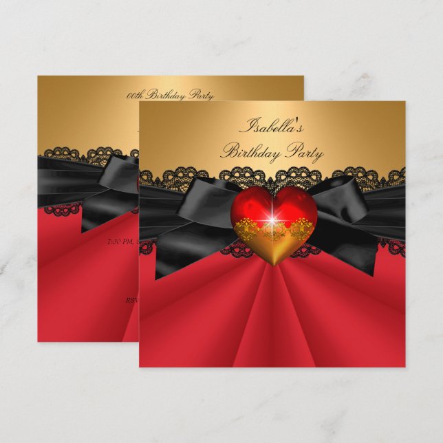 Invitation Élégante Red Black Gold Heart fête d'anniversaire (Devant / Derrière)
