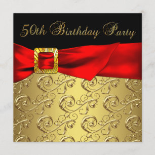 Invitation Élégante Red Gold Black Womans 50e fête d'annivers