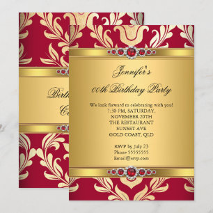 Invitation Elégante Red Gold Damask Pearl fête d'anniversaire