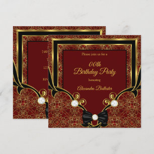 Invitation Elégante Red Gold Pearl Black Bow fête d'anniversa