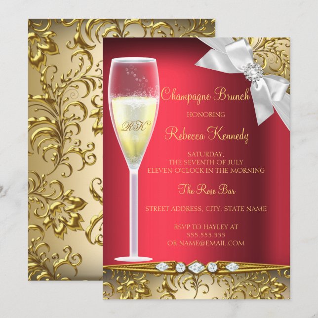 Invitation Elégante Red Gold White Champagne Brunch Invitatio (Devant / Derrière)