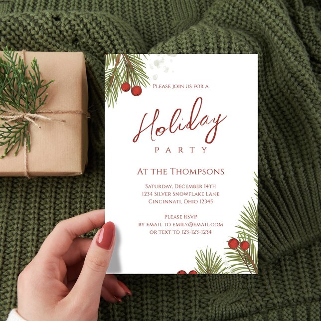 Invitation Elégante Red Holly Berries Fête de Fêtes (Holiday party red and green pine branch invitations. )