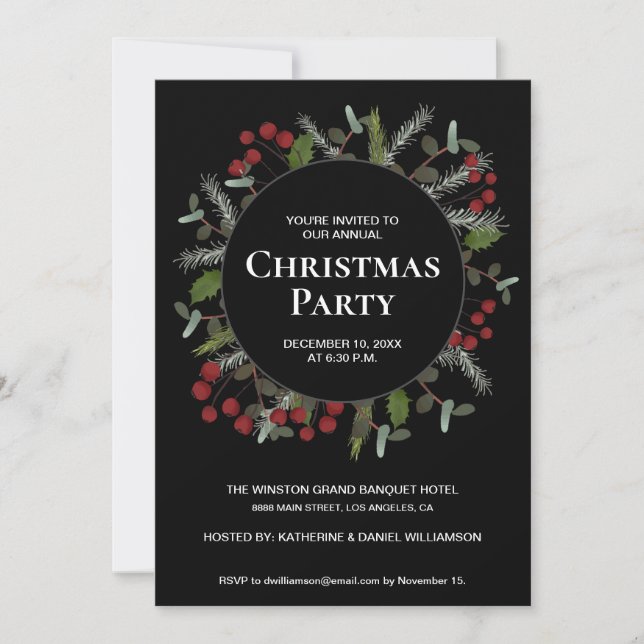 Invitation Elégante Red Holly Wreath Hosted Christmas party (Devant)