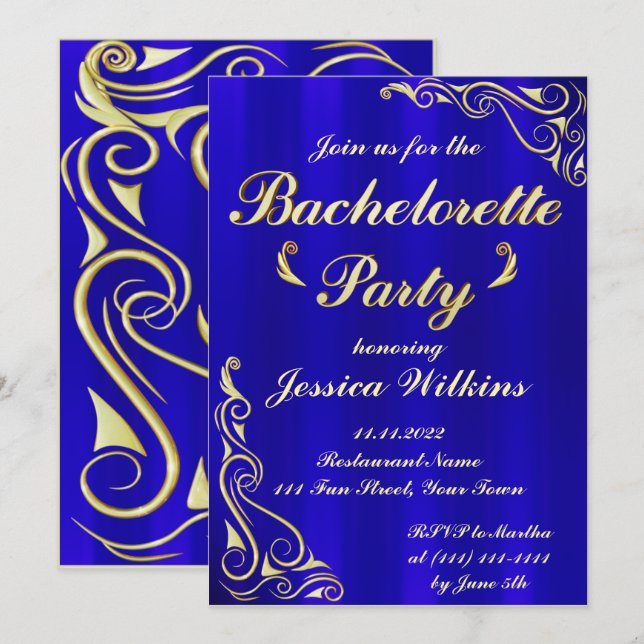 Invitation Élégante Regal Golden Royal Blue Bachelorette Part (Devant / Derrière)