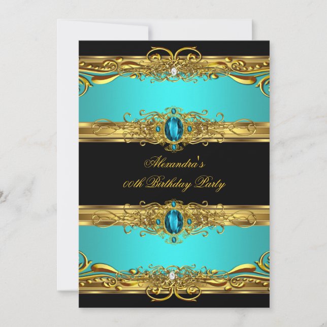 Invitation Elégante Regal Turquoise Black Gold fête d'anniver (Devant)