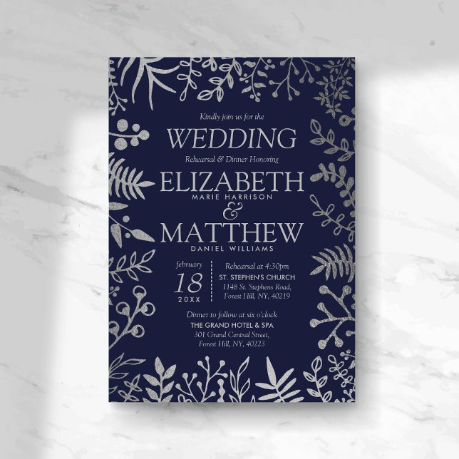 Invitation Élégante répétition de Mariage floral marine et ar (Créateur téléchargé)