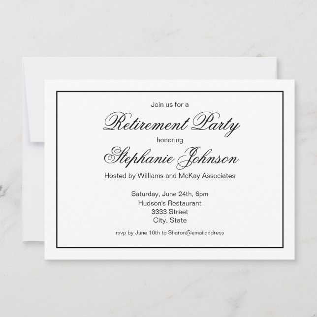 Invitation Élégante retraite Black and White Script Party (Devant)
