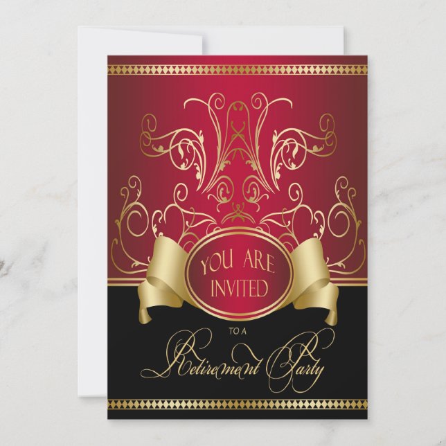 Invitation Élégante Retraite Party Red Gold & Bla (Devant)