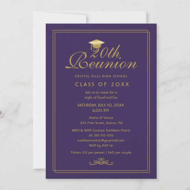 Invitation Élégante Réunion de classe Gold 20th Purple (Devant)