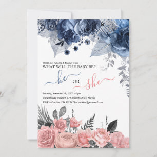 Invitation Élégante révélation de genre   Floral Bleu Et Rose