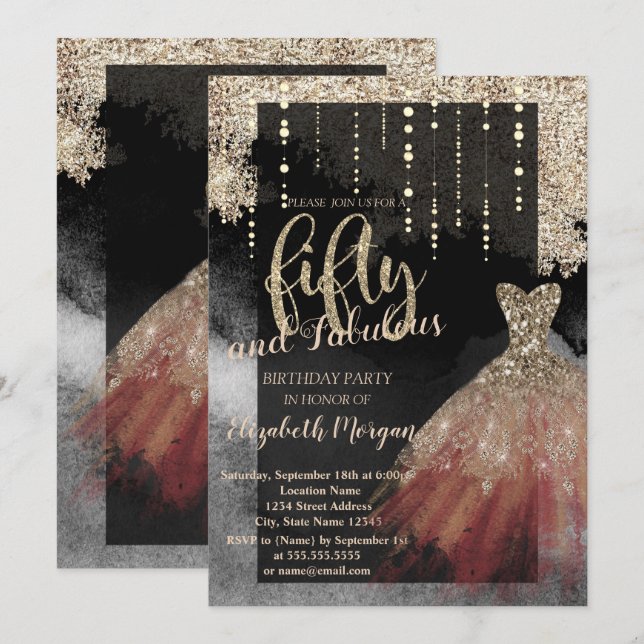 Invitation Élégante robe chic 50e fête d'anniversaire (Devant / Derrière)