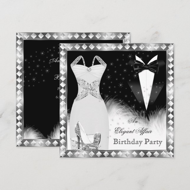 Invitation Elégante robe d'argent Cravate noire fête d'annive (Devant / Derrière)