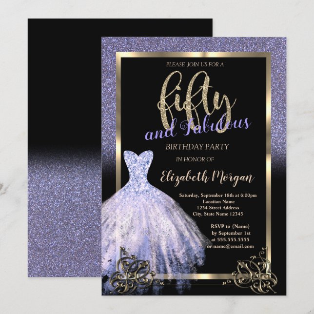 Invitation Élégante robe de Parties scintillant violet 50e fê (Devant / Derrière)