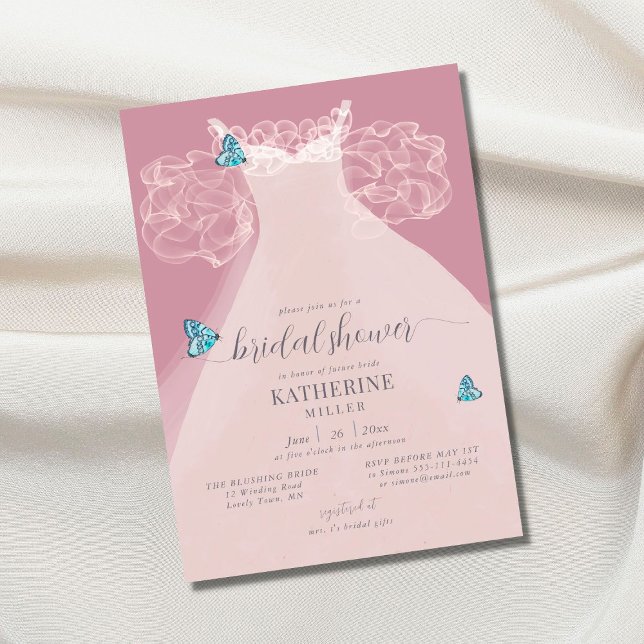 Invitation Elégante Robe de Rouffle Fête des mariées Papillon (Créateur téléchargé)