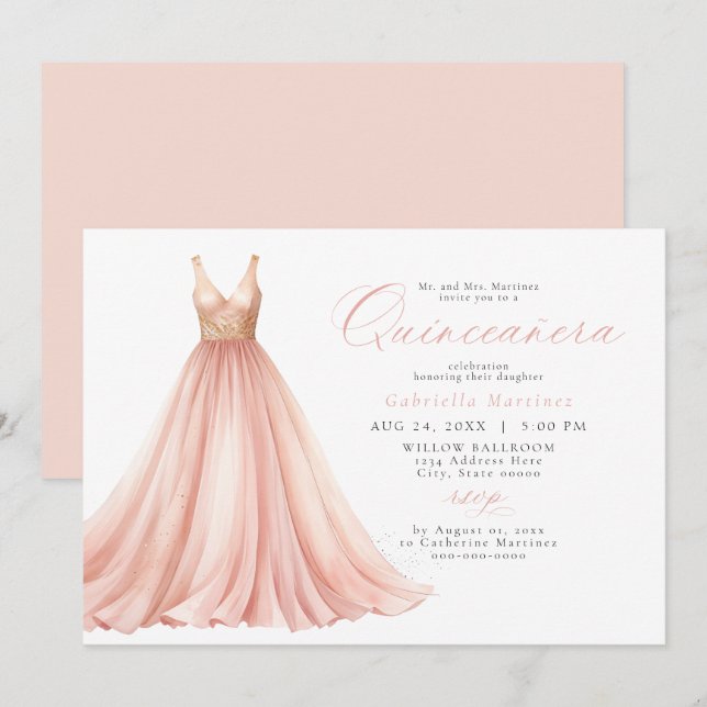 Invitation Élégante robe éthérée rose pâle Quinceanera (Devant / Derrière)