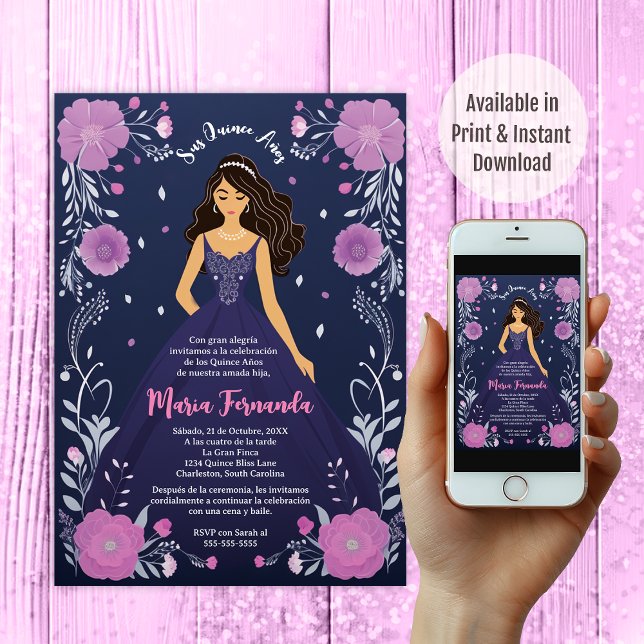 Invitation Élégante robe florale violet Quinceañera Party (Créateur téléchargé)
