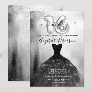 Invitation Élégante robe noire chic Silver Sweet 16 Party