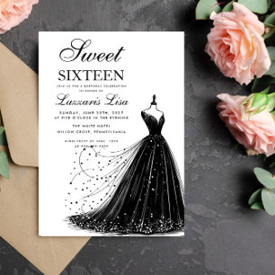 Invitation Elégante robe noire Sweet sixteen blanc Anniversai