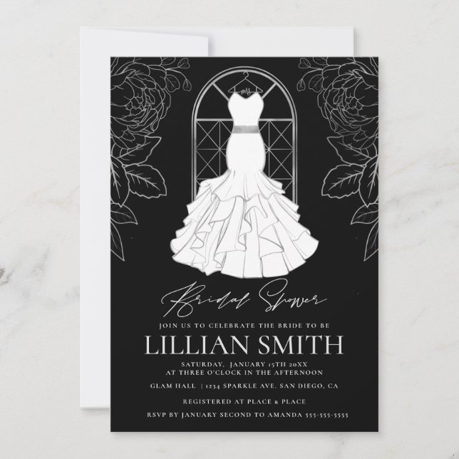 Invitation Elégante robe nuptiale noir & argent Fête des mari (Devant)