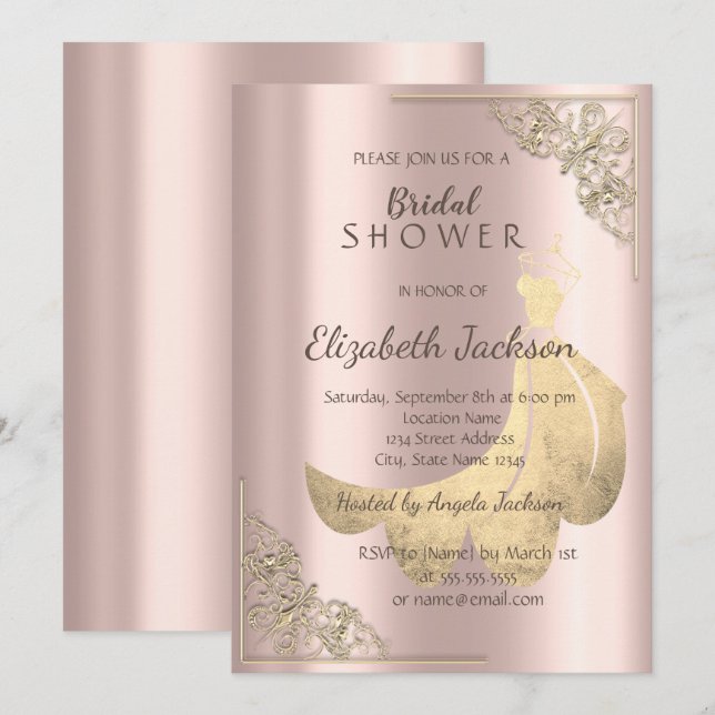 Invitation Élégante robe or chic Rose Fête des mariées or (Devant / Derrière)