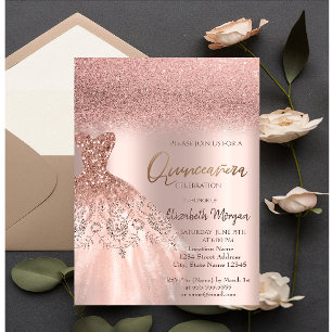 Invitation Élégante robe Rose de Parties scintillant d'or Qui