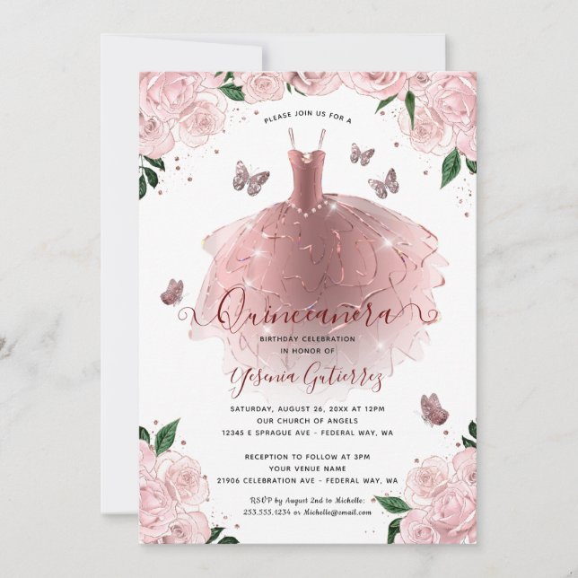 Invitation Elégante robe Rose or FloralQuinceañera (Devant)