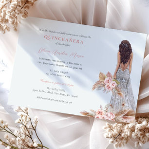Invitation Élégante robe Rose Pampas Herbe Quinceanera