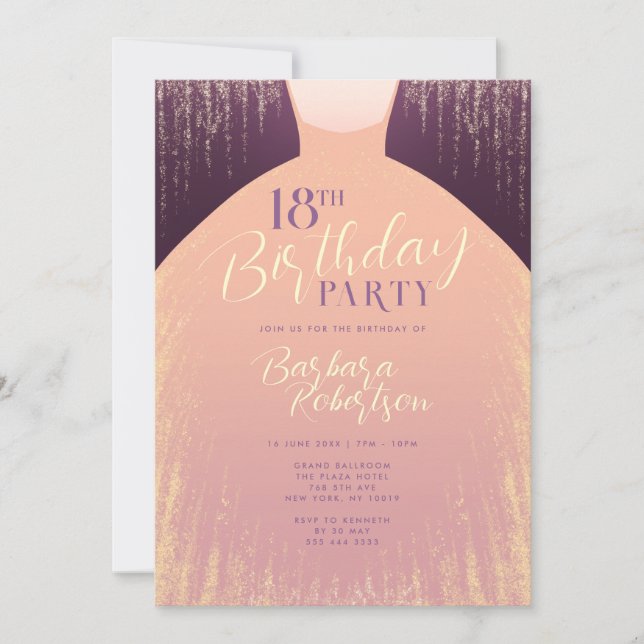 Invitation Élégante robe Rose Parties scintillant or 18e anni (Devant)