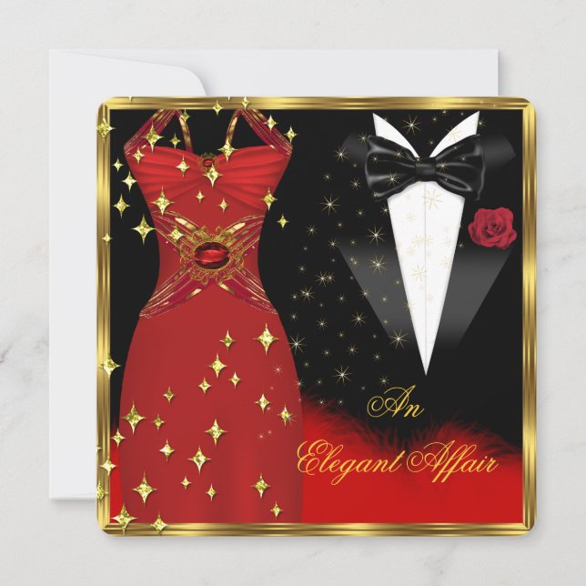 Invitation Elégante robe rouge Affair Cravate noire Or Annive (Devant)
