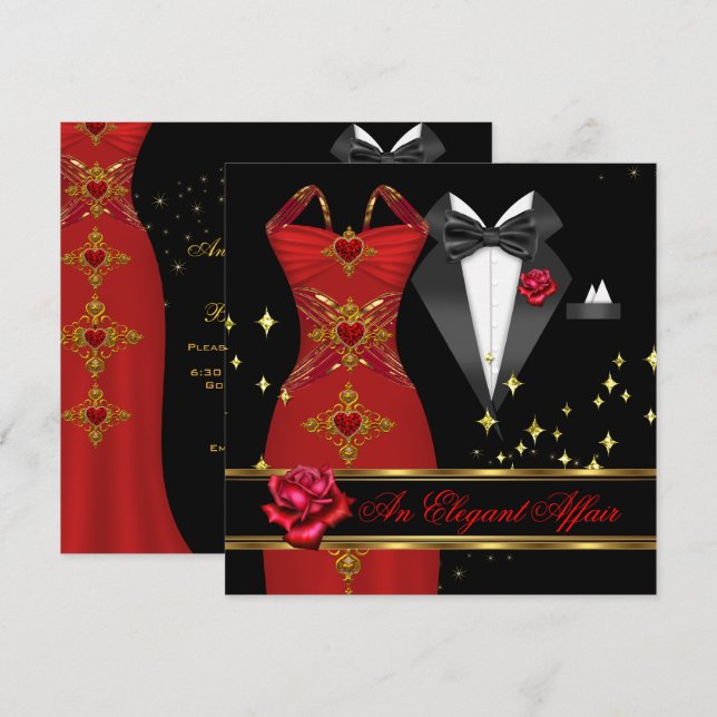 Invitation Elégante Robe Rouge Affair Cravate Noire Or Rouge  (Devant / Derrière)