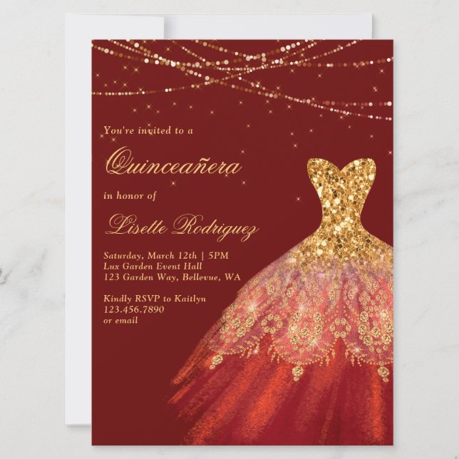 Invitation Élégante Robe Rouge Et Or Quinceanera (Devant)